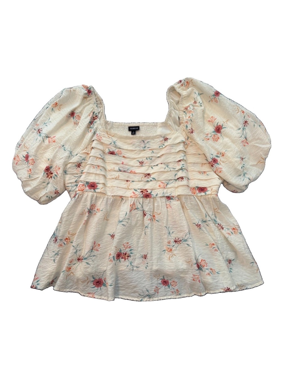 torrid Cream Floral Puff-Sleeve Smocked Peplum Top